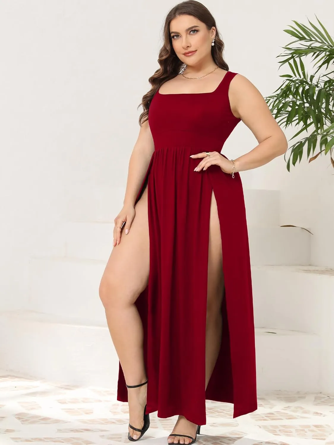 SILUI Women's Square Neck Double High Slit Summer 2025 Sexy Plus Size Sundresses Thigh Split Club Party Maxi Dresses