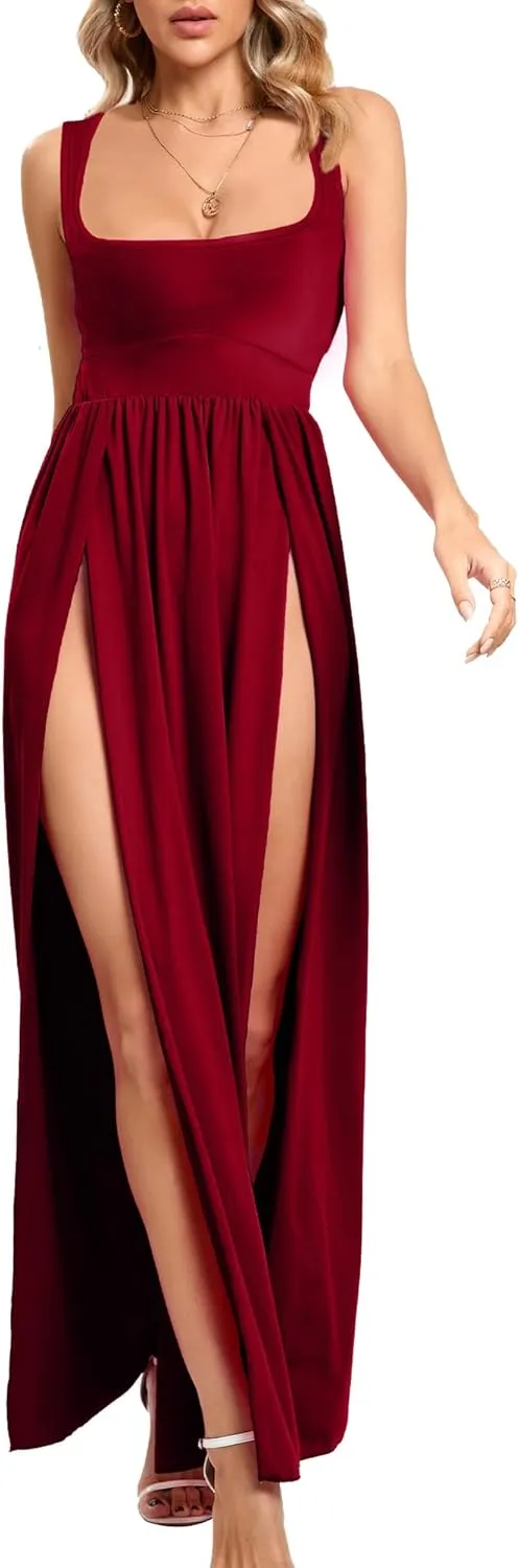 SILUI Women's Square Neck Double High Slit Summer 2025 Sexy Plus Size Sundresses Thigh Split Club Party Maxi Dresses