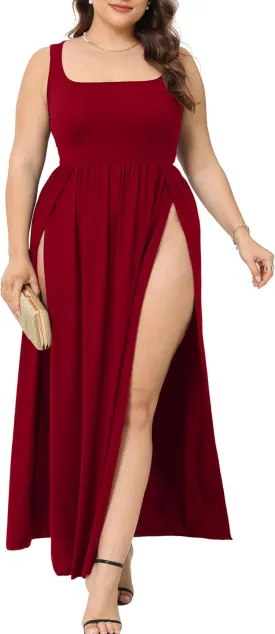 SILUI Women's Square Neck Double High Slit Summer 2025 Sexy Plus Size Sundresses Thigh Split Club Party Maxi Dresses
