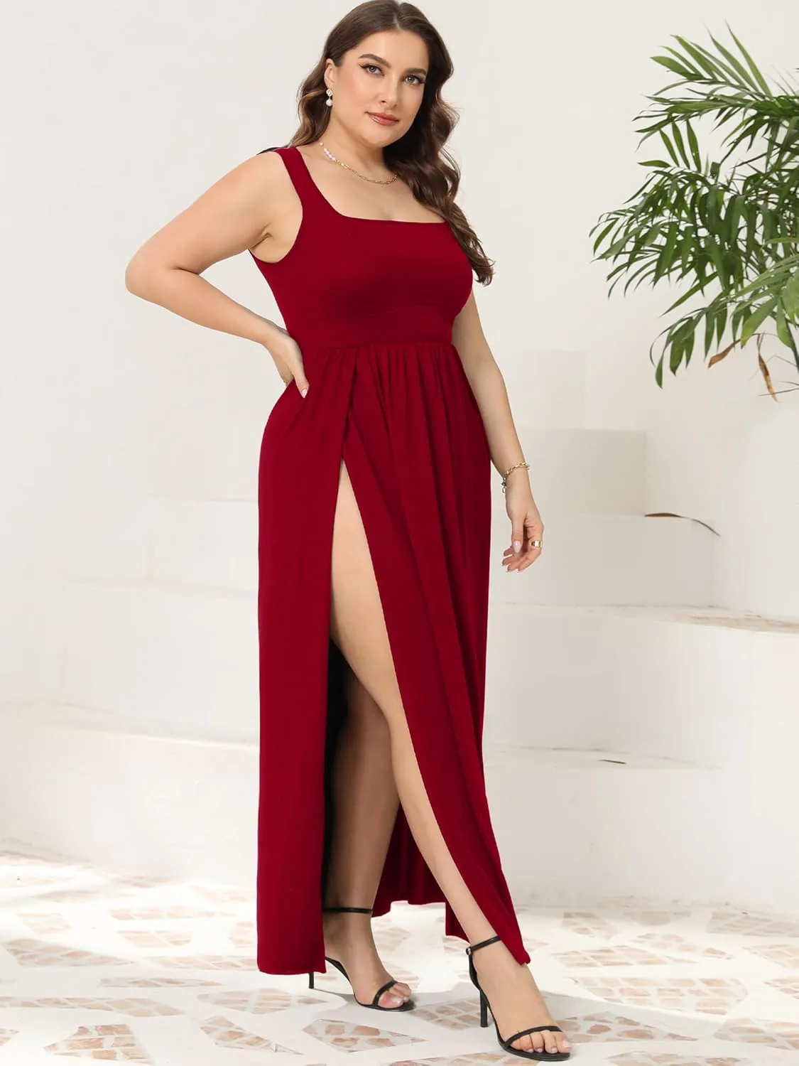 SILUI Women's Square Neck Double High Slit Summer 2025 Sexy Plus Size Sundresses Thigh Split Club Party Maxi Dresses