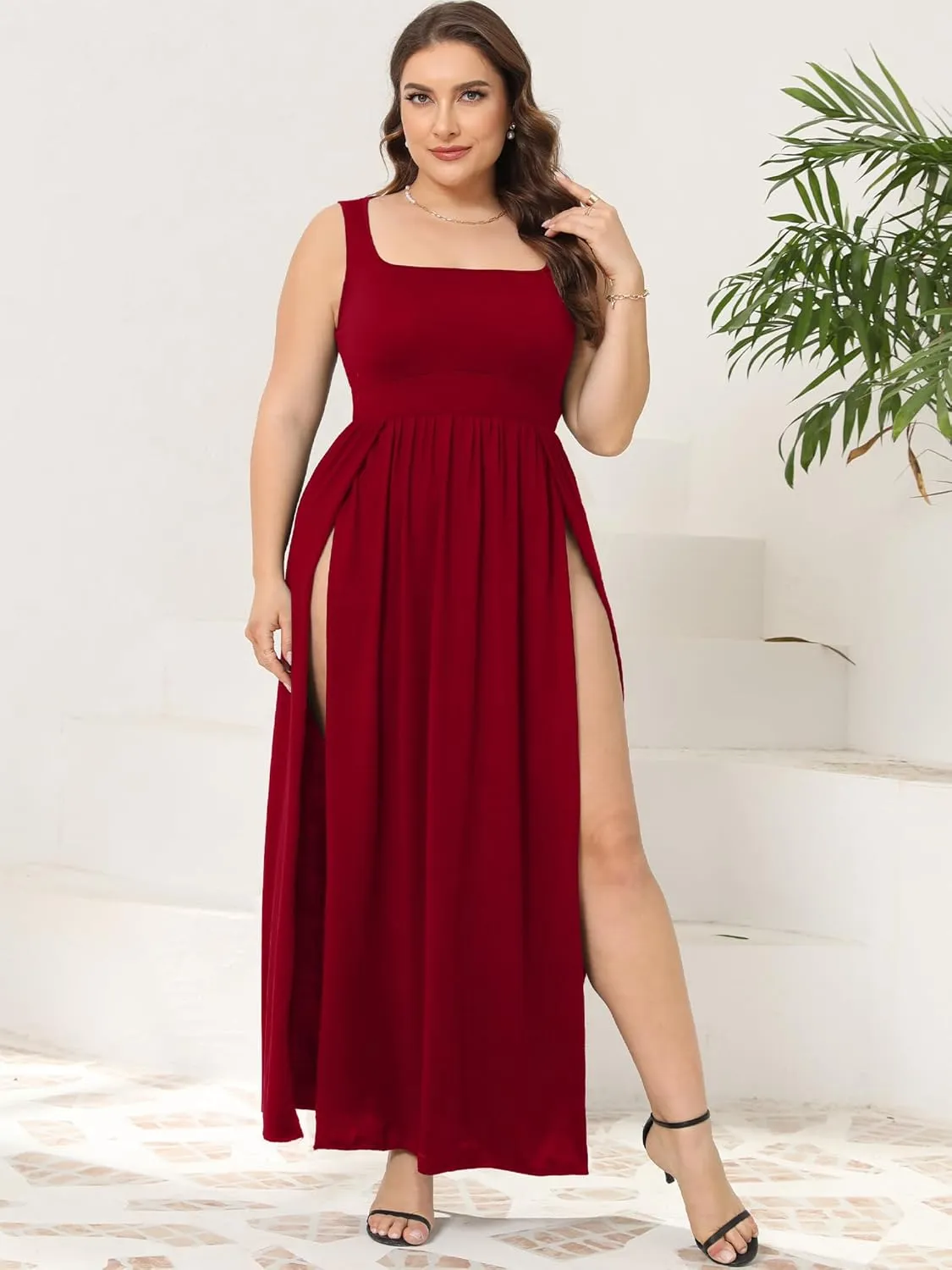 SILUI Women's Square Neck Double High Slit Summer 2025 Sexy Plus Size Sundresses Thigh Split Club Party Maxi Dresses
