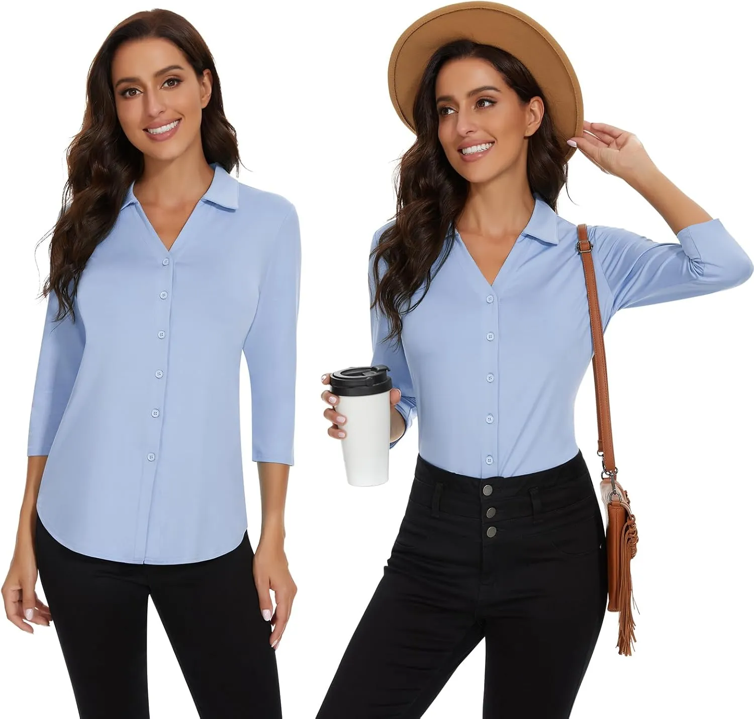 Soneven Womens Golf Polo Shirts 3/4 Long Sleeve V Neck Button Down Shirts Business Causal Work Blouses Tops