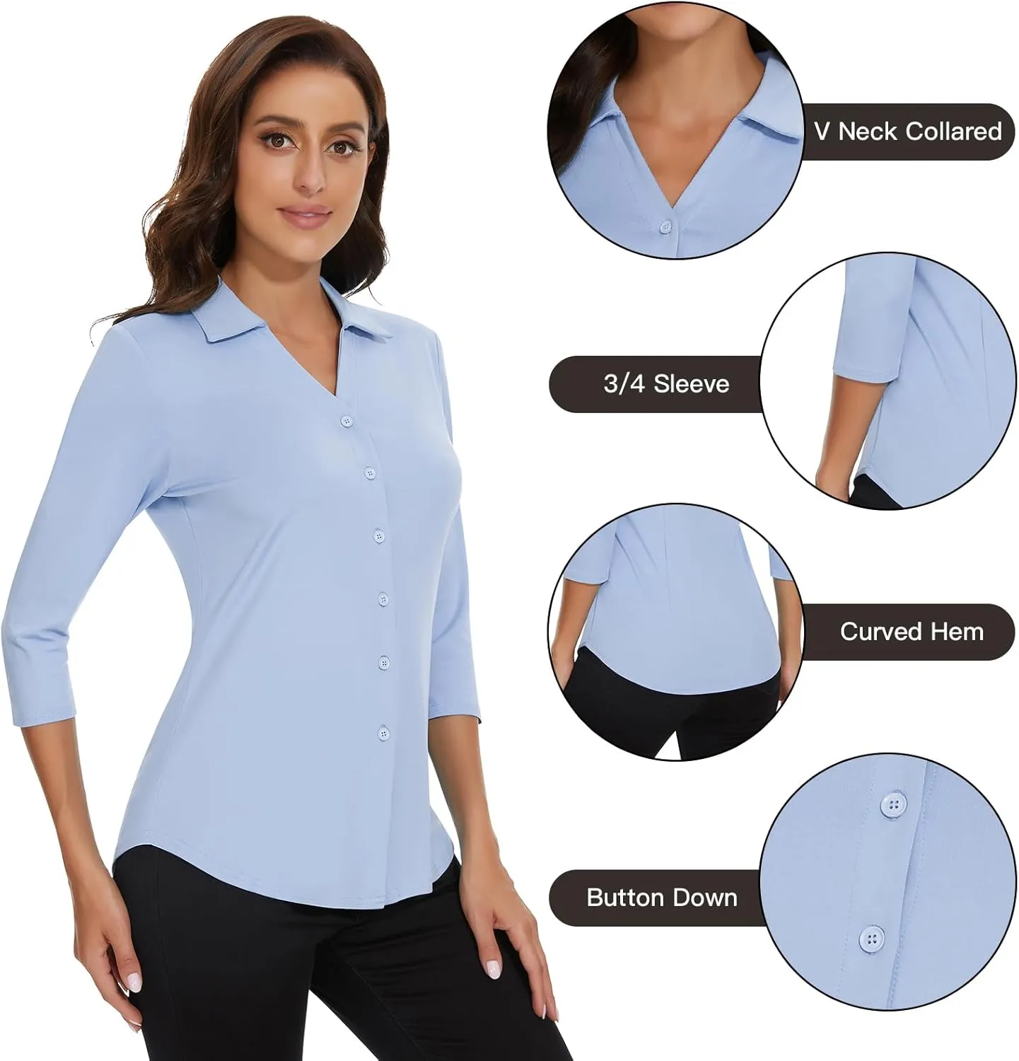 Soneven Womens Golf Polo Shirts 3/4 Long Sleeve V Neck Button Down Shirts Business Causal Work Blouses Tops