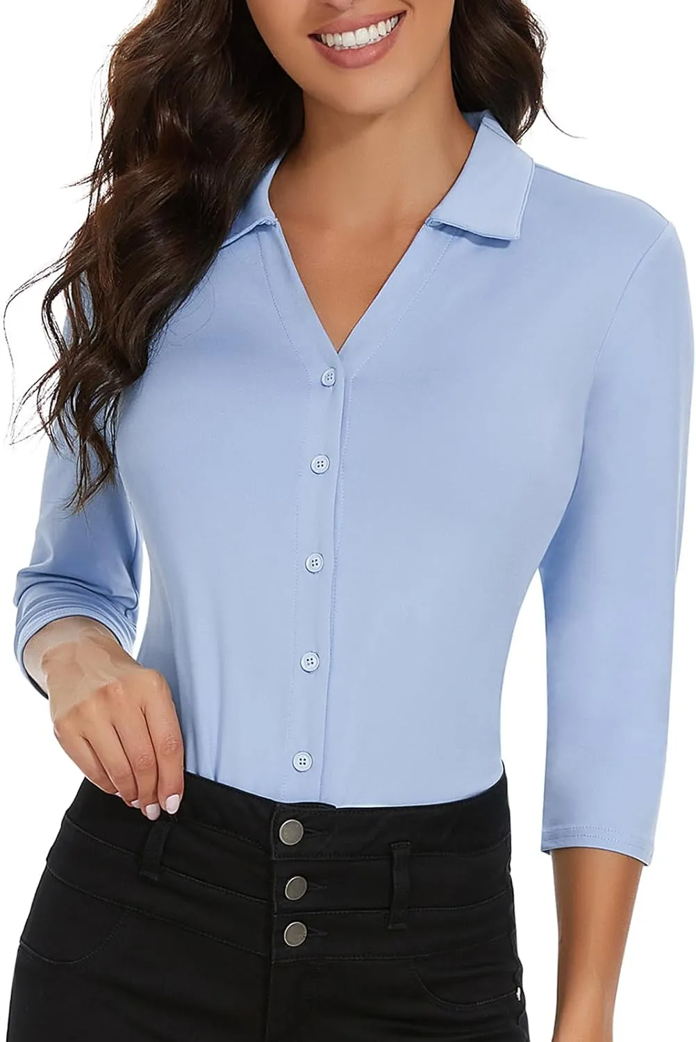Soneven Womens Golf Polo Shirts 3/4 Long Sleeve V Neck Button Down Shirts Business Causal Work Blouses Tops