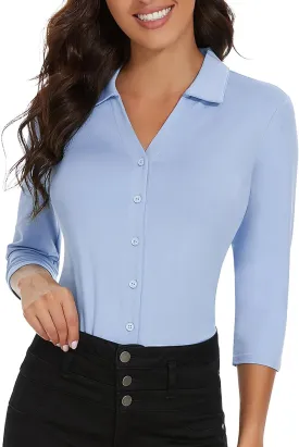 Soneven Womens Golf Polo Shirts 3/4 Long Sleeve V Neck Button Down Shirts Business Causal Work Blouses Tops