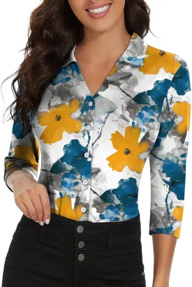 Soneven Womens Golf Polo Shirts 3/4 Long Sleeve V Neck Button Down Shirts Business Causal Work Blouses Tops