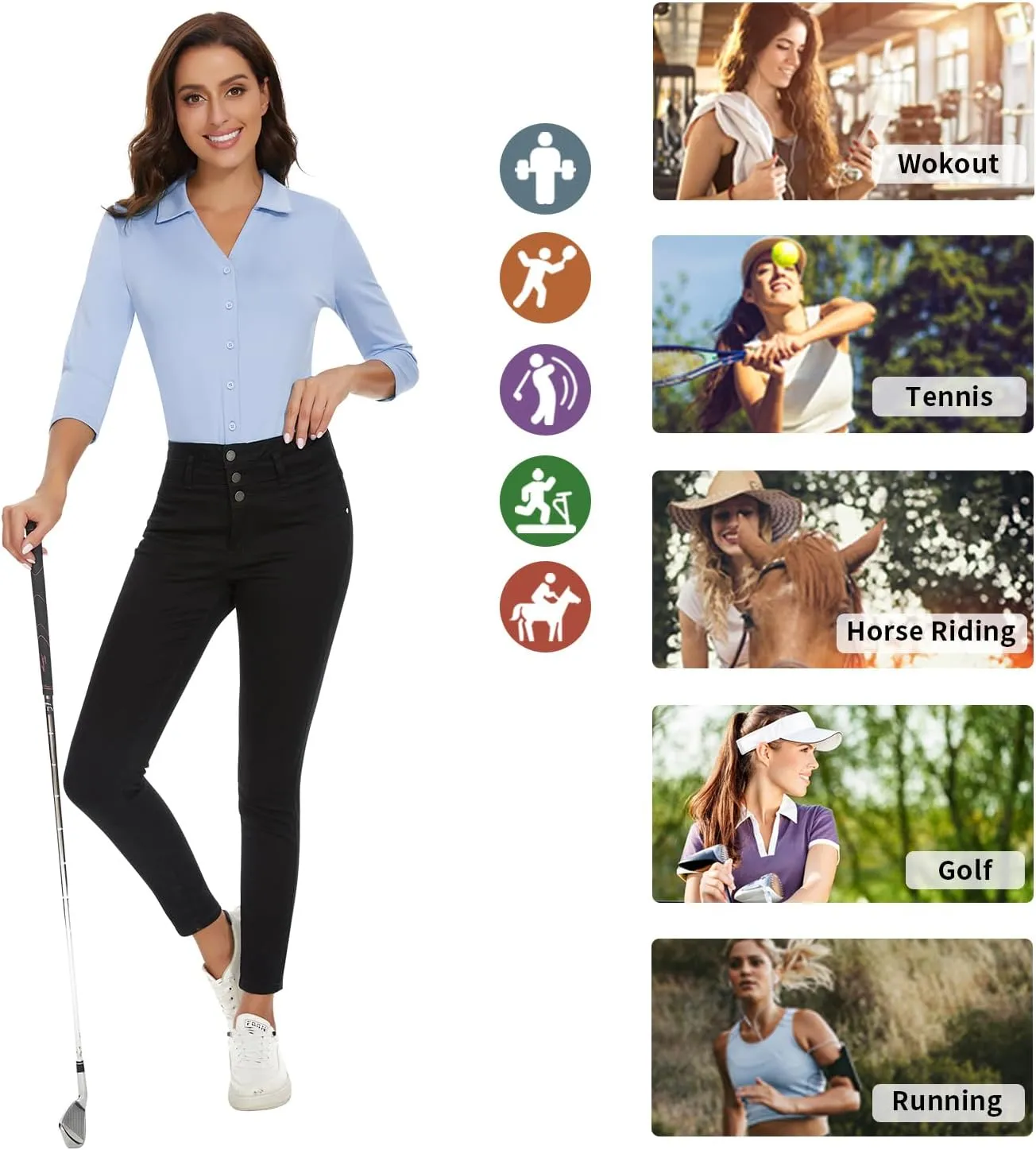Soneven Womens Golf Polo Shirts 3/4 Long Sleeve V Neck Button Down Shirts Business Causal Work Blouses Tops