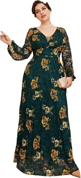 Spring Summer 2024 Plus Size Womens Dresses V Neck Boho Casual Elegant Long Sleeve Floral Print Formal Bridesmaid Maxi Dress