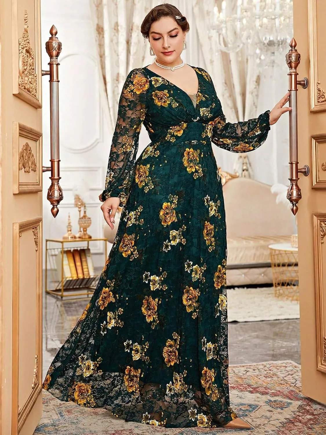 Spring Summer 2024 Plus Size Womens Dresses V Neck Boho Casual Elegant Long Sleeve Floral Print Formal Bridesmaid Maxi Dress