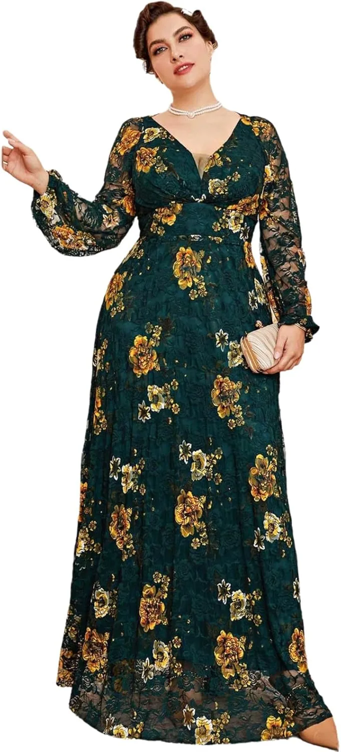 Spring Summer 2024 Plus Size Womens Dresses V Neck Boho Casual Elegant Long Sleeve Floral Print Formal Bridesmaid Maxi Dress