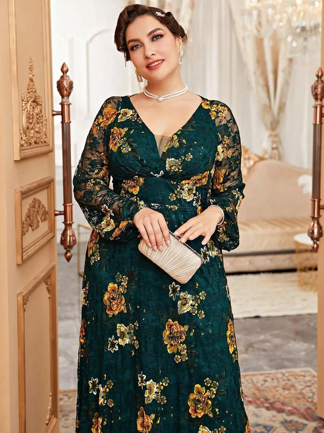 Spring Summer 2024 Plus Size Womens Dresses V Neck Boho Casual Elegant Long Sleeve Floral Print Formal Bridesmaid Maxi Dress