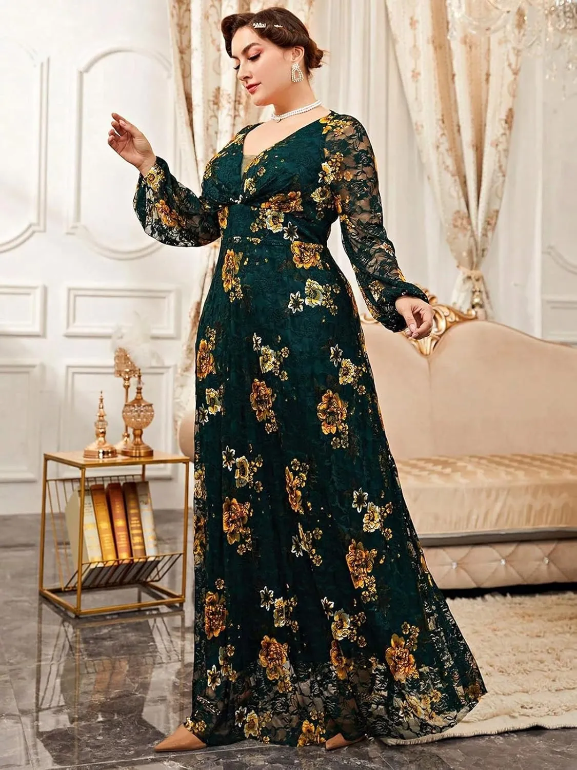 Spring Summer 2024 Plus Size Womens Dresses V Neck Boho Casual Elegant Long Sleeve Floral Print Formal Bridesmaid Maxi Dress