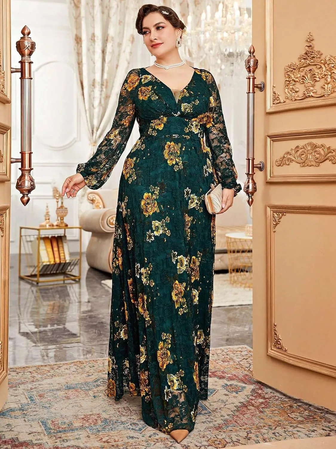 Spring Summer 2024 Plus Size Womens Dresses V Neck Boho Casual Elegant Long Sleeve Floral Print Formal Bridesmaid Maxi Dress