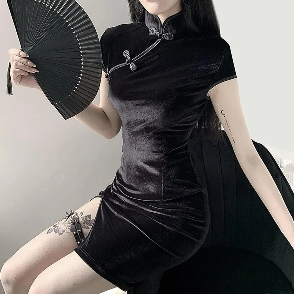 STIOEDYUAN Chinese Cheongsam Short Sleeve Slim Side Slit Dress Dating Club Wear Evening Dress Women Velvet Bodycon Mini Dress