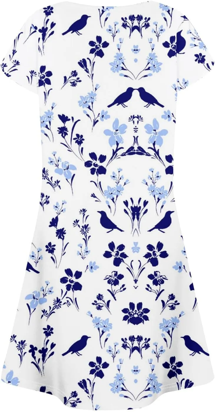 Summer Beach Vacation Clothes Spring Dresses for Women 2025 Short Sleeve Boho Printed Loose T Shirt Dress