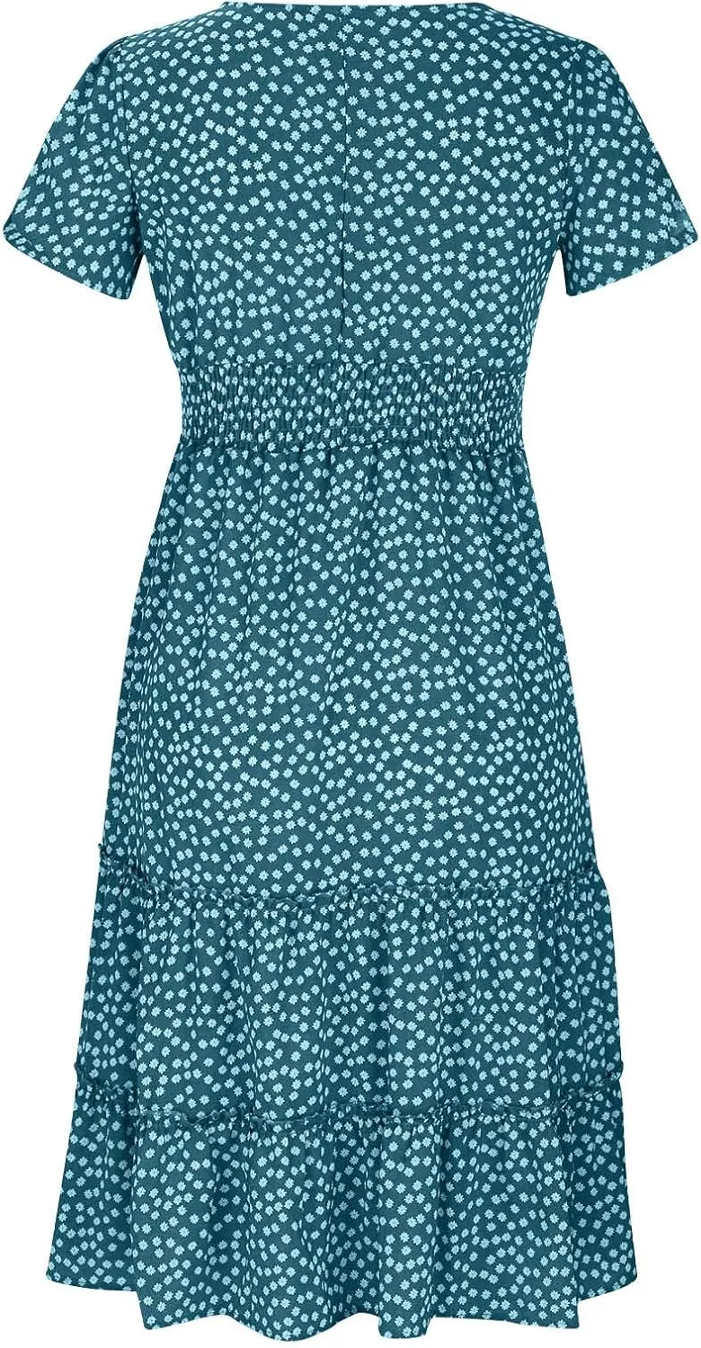 Summer Dresses for Women 2025 Casual Plus Size Dresses Boho Short Sleeve Beach Sundresses Flowy Print Midi Dress