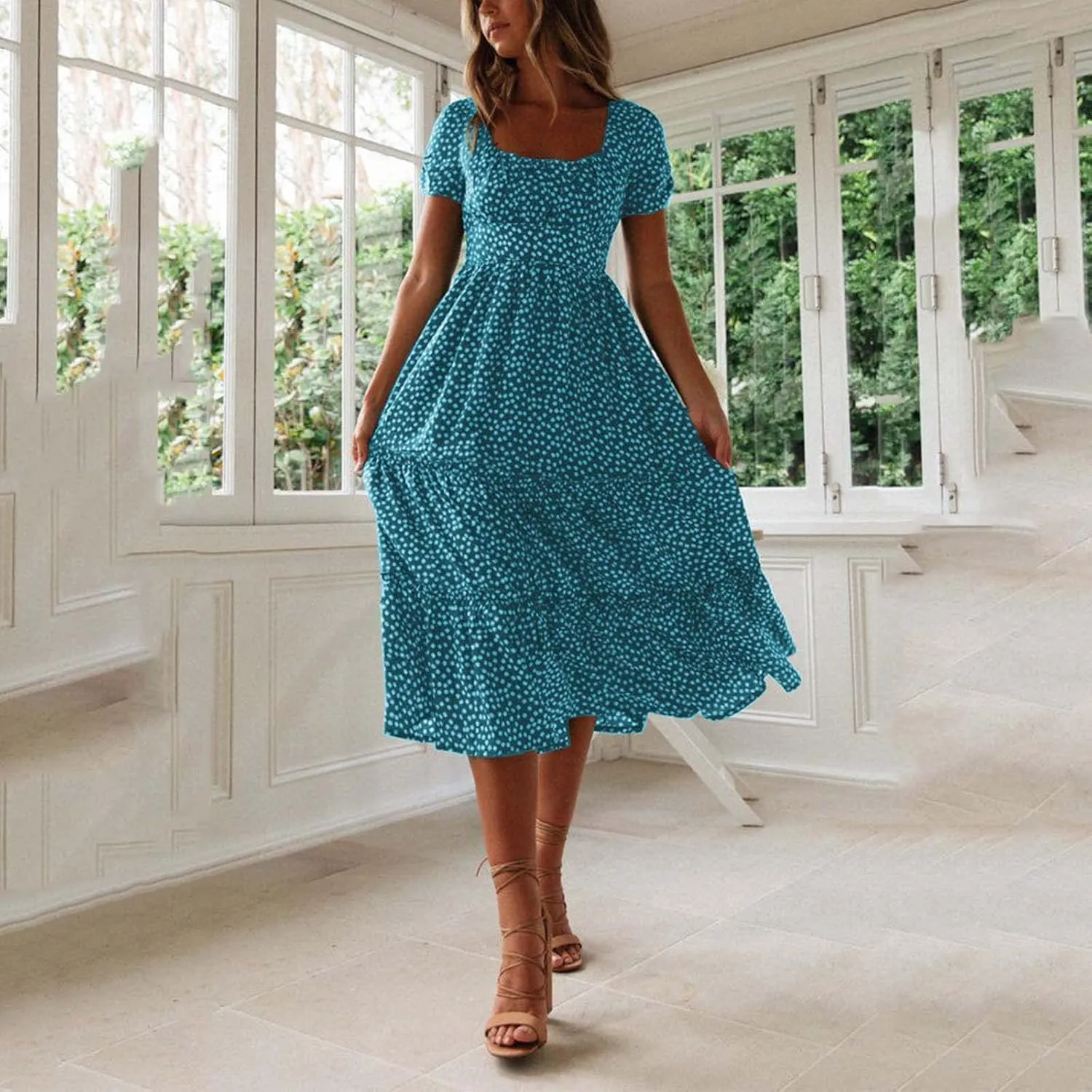 Summer Dresses for Women 2025 Casual Plus Size Dresses Boho Short Sleeve Beach Sundresses Flowy Print Midi Dress