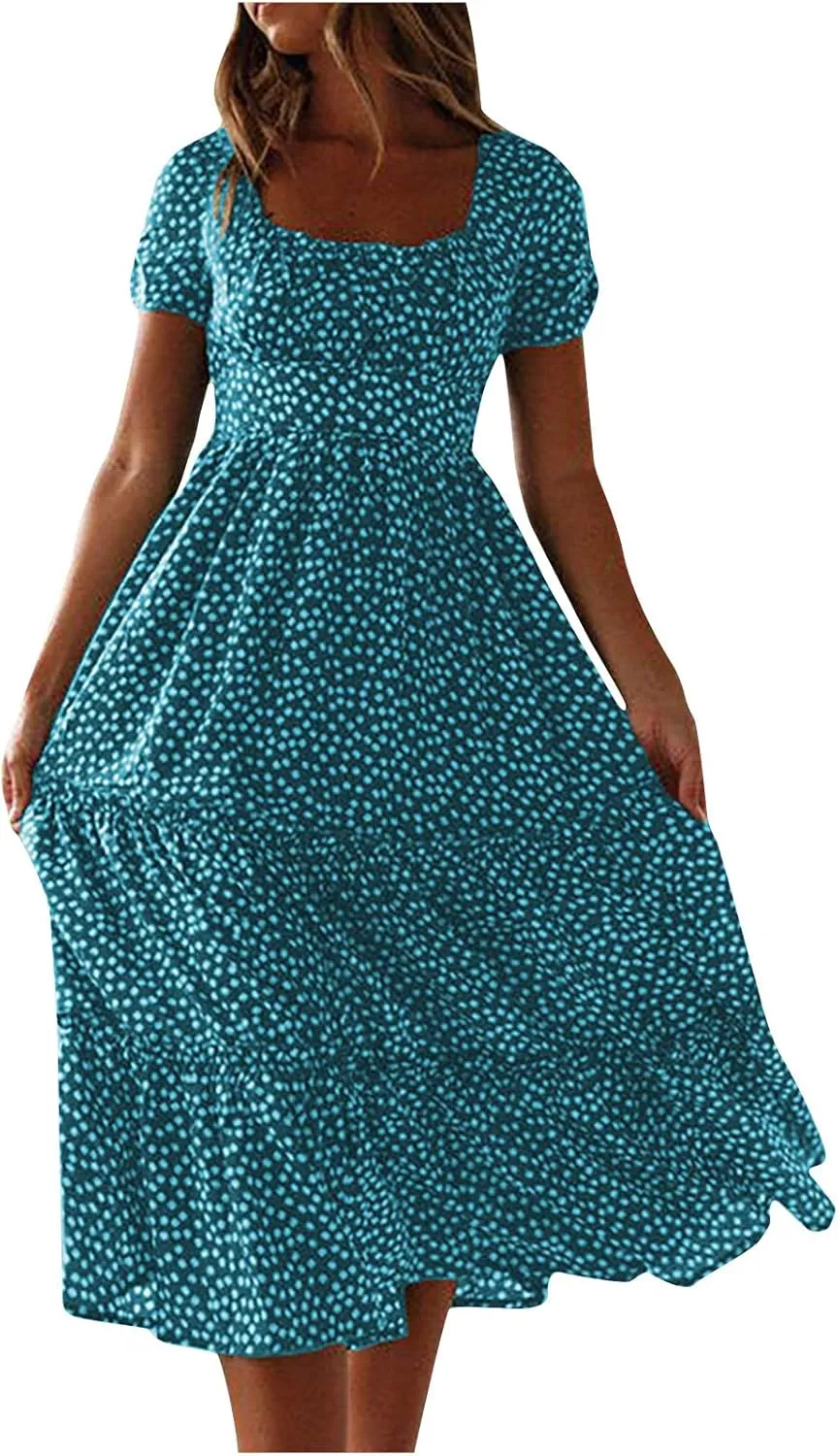 Summer Dresses for Women 2025 Casual Plus Size Dresses Boho Short Sleeve Beach Sundresses Flowy Print Midi Dress