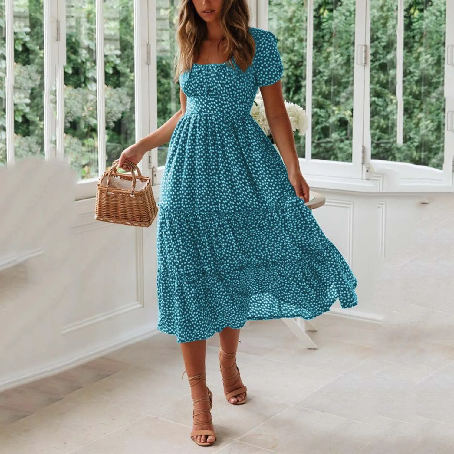 Summer Dresses for Women 2025 Casual Plus Size Dresses Boho Short Sleeve Beach Sundresses Flowy Print Midi Dress