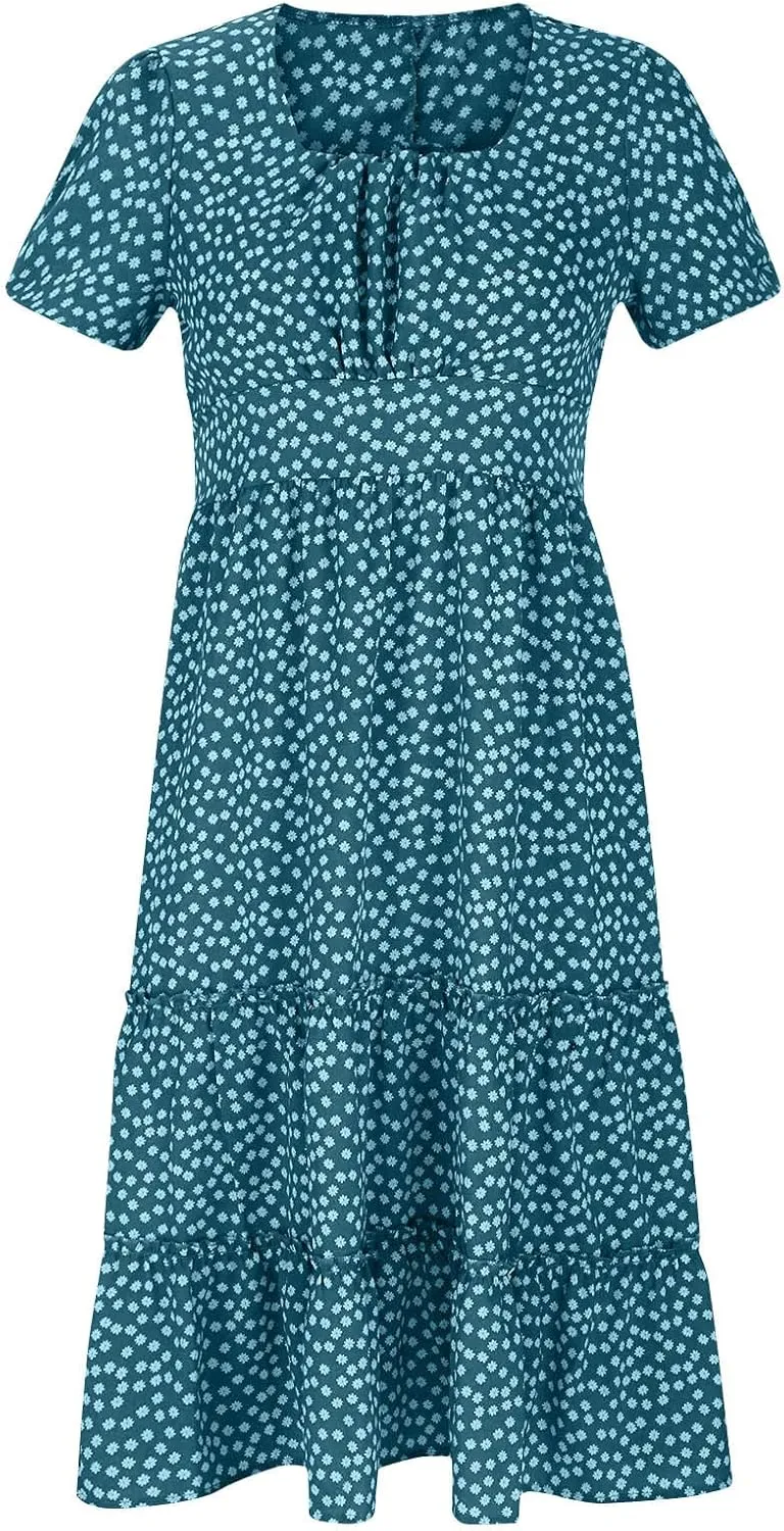 Summer Dresses for Women 2025 Casual Plus Size Dresses Boho Short Sleeve Beach Sundresses Flowy Print Midi Dress