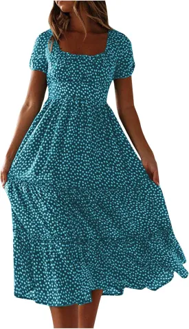 Summer Dresses for Women 2025 Casual Plus Size Dresses Boho Short Sleeve Beach Sundresses Flowy Print Midi Dress