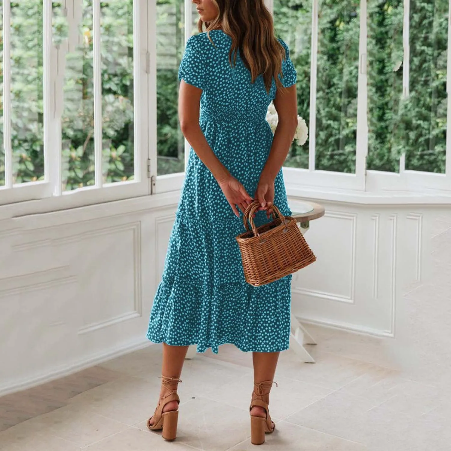 Summer Dresses for Women 2025 Casual Plus Size Dresses Boho Short Sleeve Beach Sundresses Flowy Print Midi Dress
