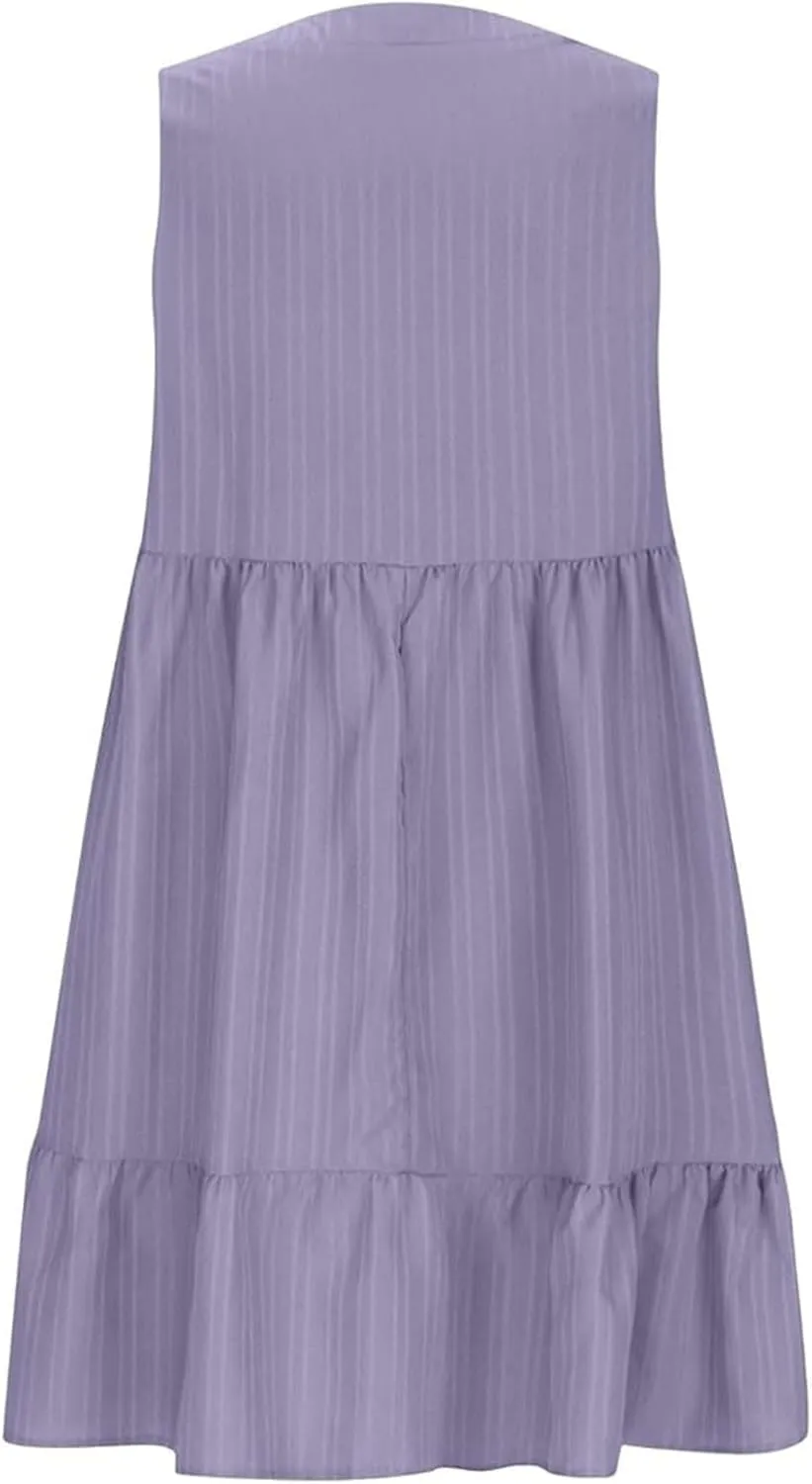 Summer Dresses for Women 2025 Sleeveless V Neck Knee Length Patchwork Pleated Ruffle Flowy Beach Sundresses