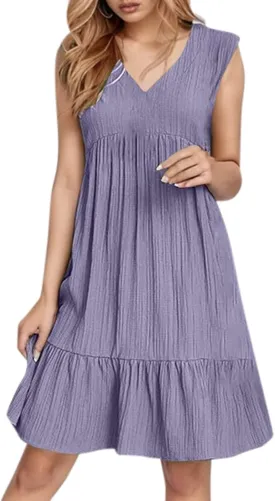 Summer Dresses for Women 2025 Sleeveless V Neck Knee Length Patchwork Pleated Ruffle Flowy Beach Sundresses