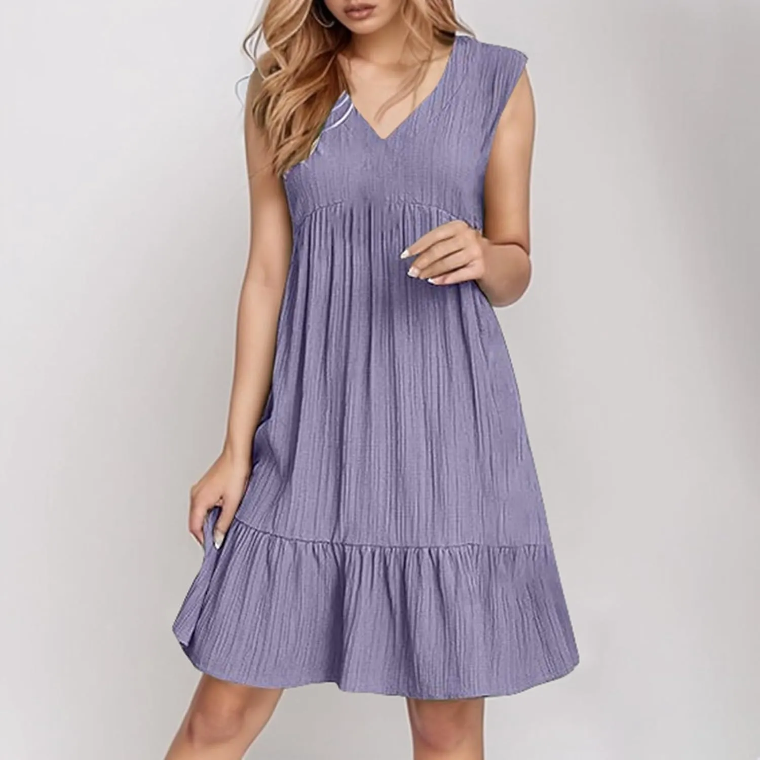 Summer Dresses for Women 2025 Sleeveless V Neck Knee Length Patchwork Pleated Ruffle Flowy Beach Sundresses