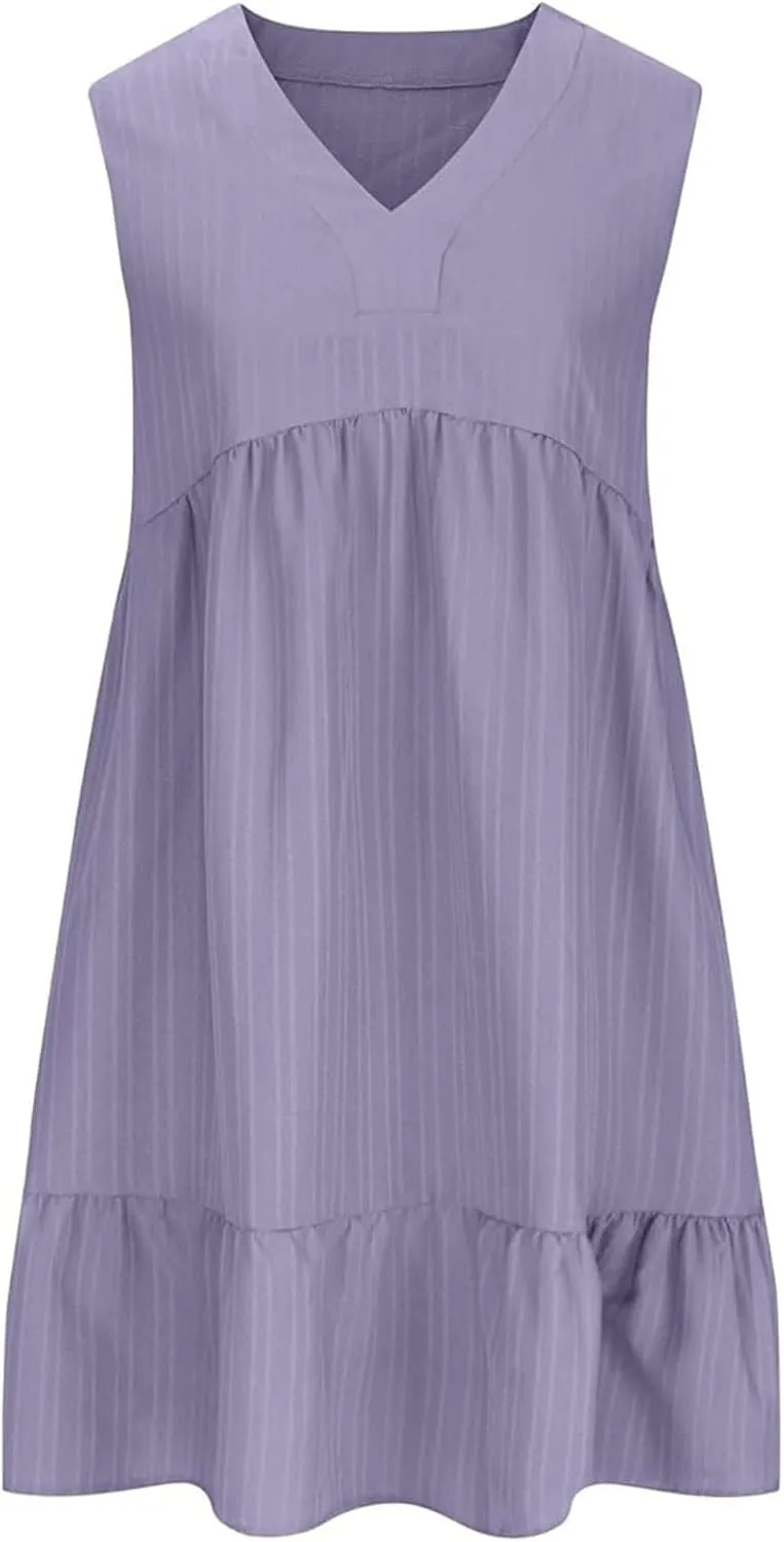 Summer Dresses for Women 2025 Sleeveless V Neck Knee Length Patchwork Pleated Ruffle Flowy Beach Sundresses