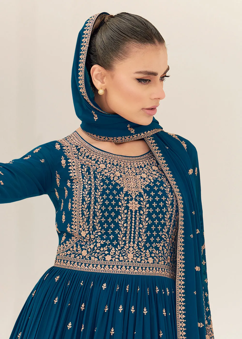 Teal Blue Real Georgette Party Style Anarkali Suit