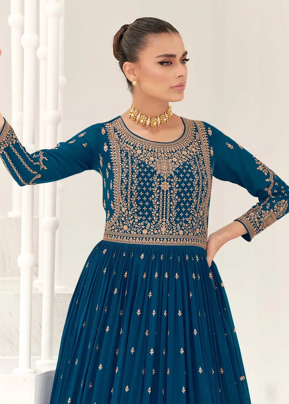 Teal Blue Real Georgette Party Style Anarkali Suit