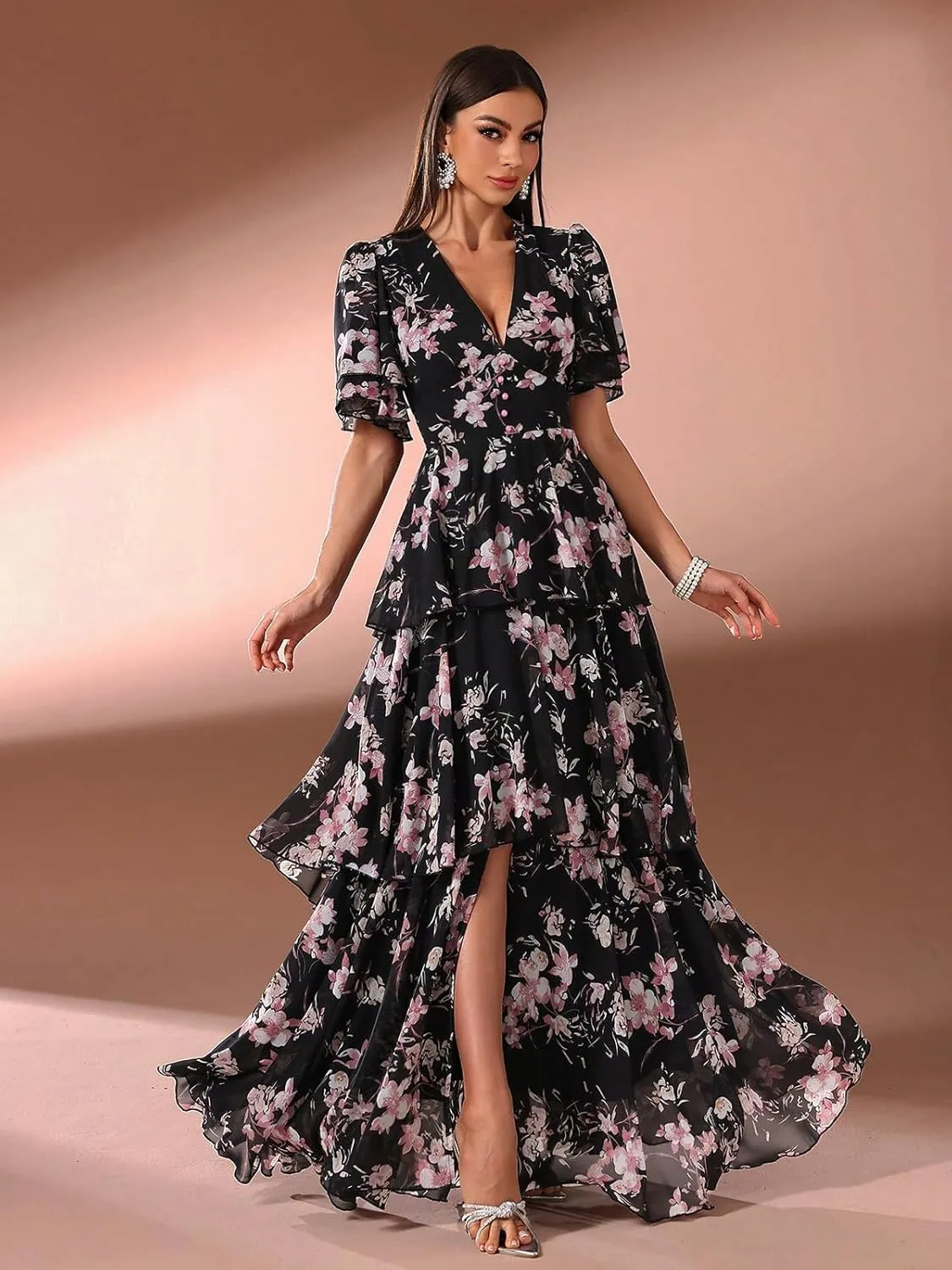 TOLEEN Summer Casual Dresses for Women 2024 Spring Fashion Boho V Neck Long Sleeve Ruffle Floral Print Elegant Maxi Dress