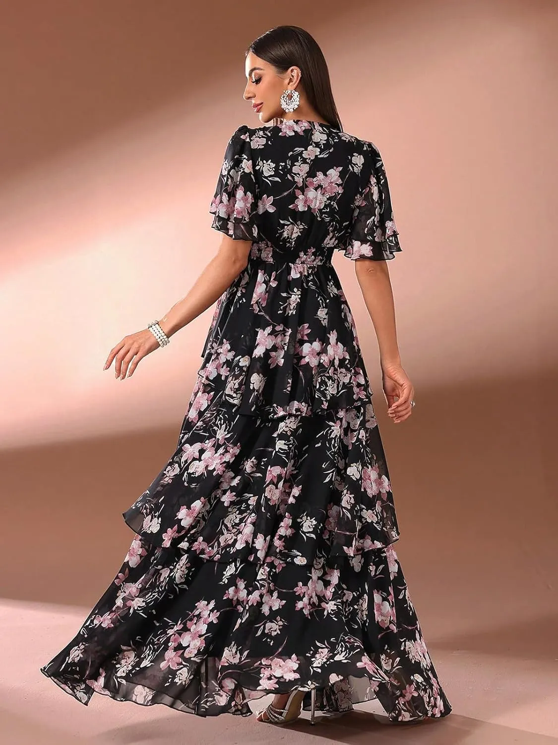 TOLEEN Summer Casual Dresses for Women 2024 Spring Fashion Boho V Neck Long Sleeve Ruffle Floral Print Elegant Maxi Dress