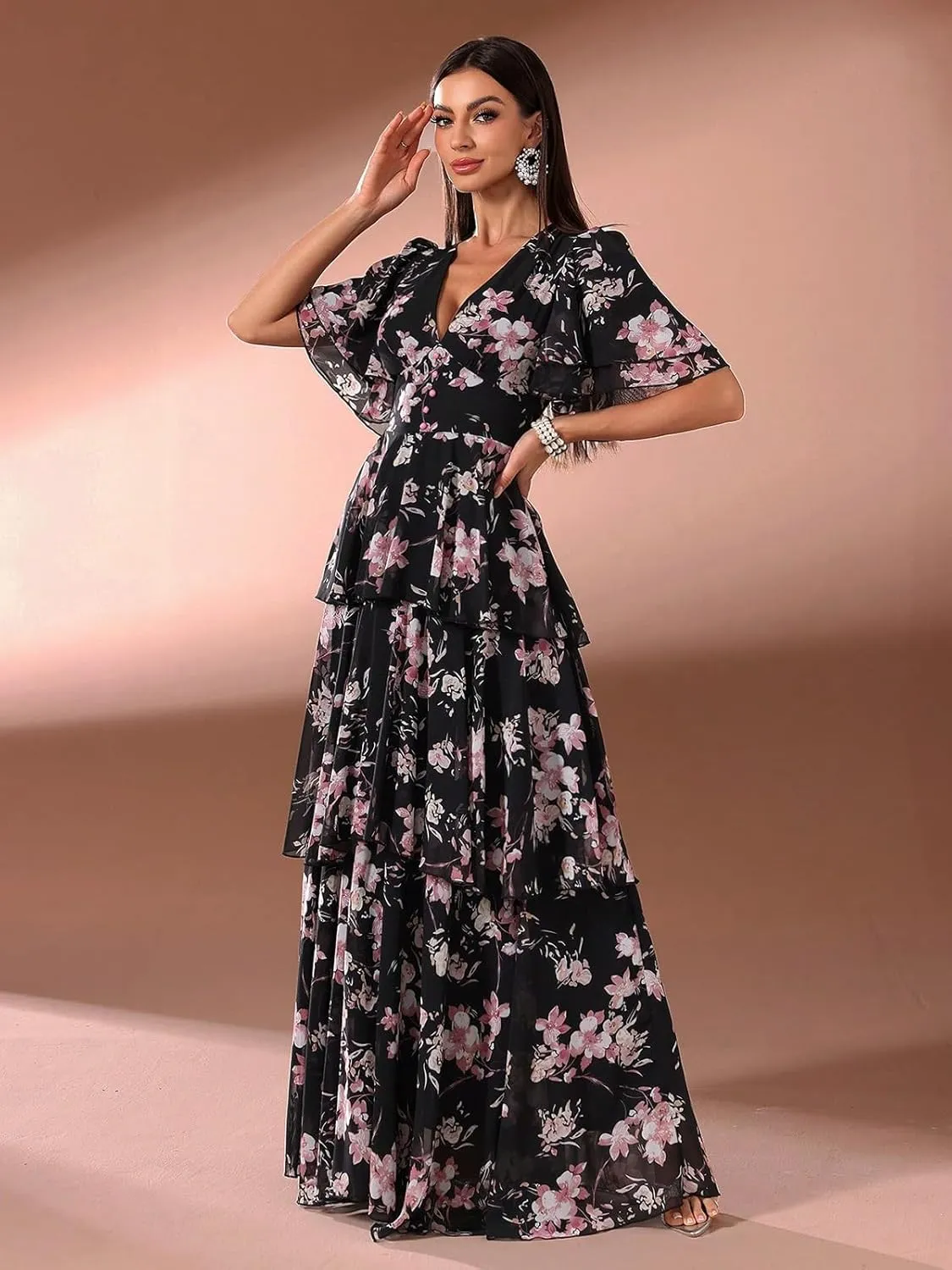 TOLEEN Summer Casual Dresses for Women 2024 Spring Fashion Boho V Neck Long Sleeve Ruffle Floral Print Elegant Maxi Dress