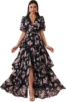 TOLEEN Summer Casual Dresses for Women 2024 Spring Fashion Boho V Neck Long Sleeve Ruffle Floral Print Elegant Maxi Dress