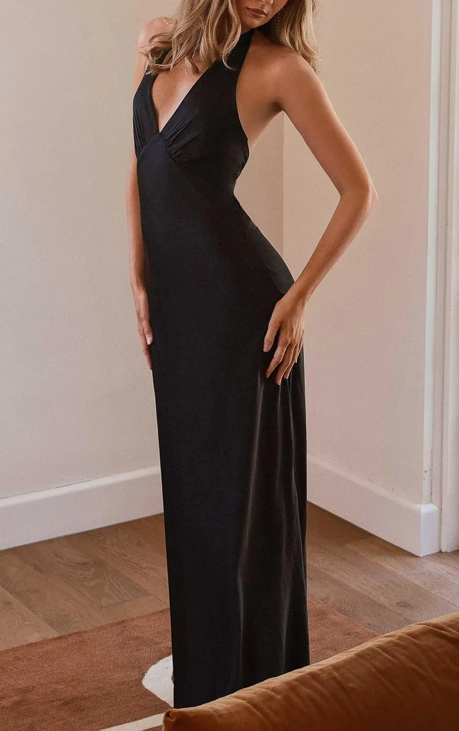 UAURORAO Women Silk Satin Maxi Dress Halter Tie Neck Backless Slip Dresses Sexy Halterneck Low Cut Party Evening Gown