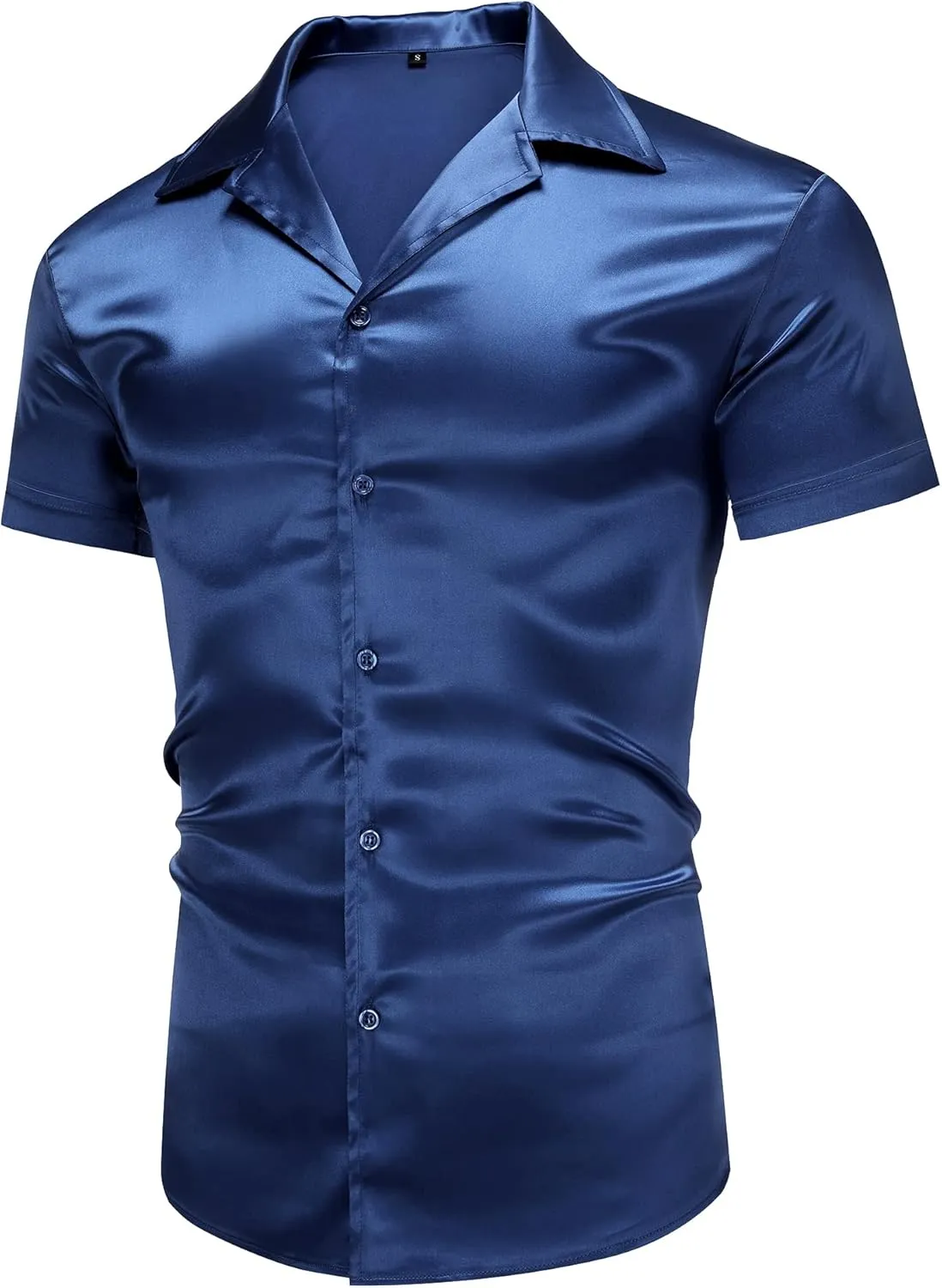 URRU Men's Luxury Shiny Silk Like Satin Dress Shirt Cuban Collar Short Sleeve Casual Slim Fit Muscle Button Up Shirts