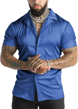 URRU Men's Luxury Shiny Silk Like Satin Dress Shirt Cuban Collar Short Sleeve Casual Slim Fit Muscle Button Up Shirts