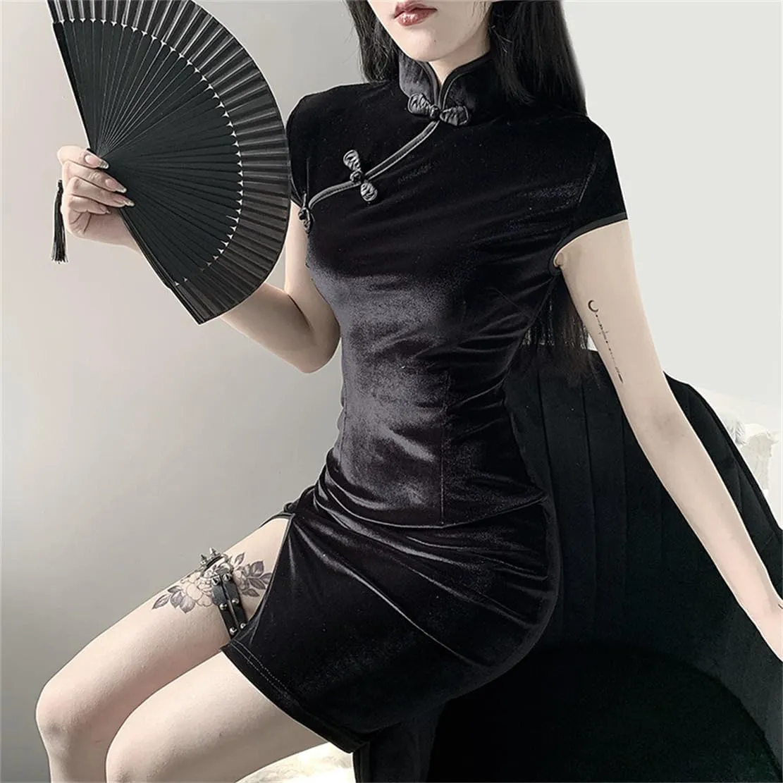 Women Gothic Dress Punk Halloween Vintage Harajuku Velvet Lace Y2k Mall Goth A-Line Dresses