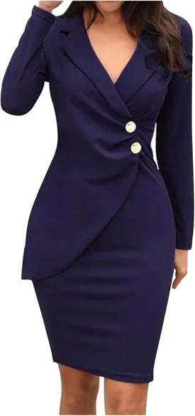 Women Suit Dress Fashion Bodycon Business Skirt Slim Hip Skirt Lapel Long Sleeve Casual Work Formal Dress Blazer