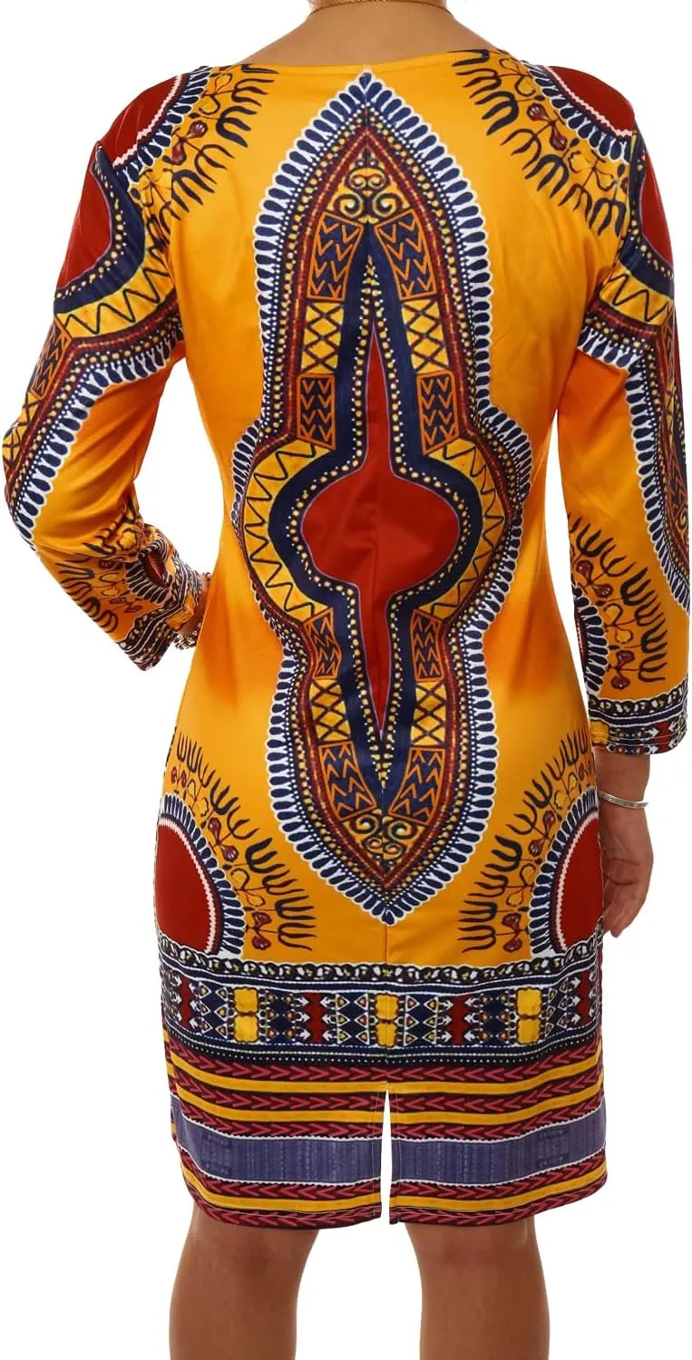 Women's Bodycon Dashiki African Midi Dresses Bohemian Vintage Club Dress with Pocket
