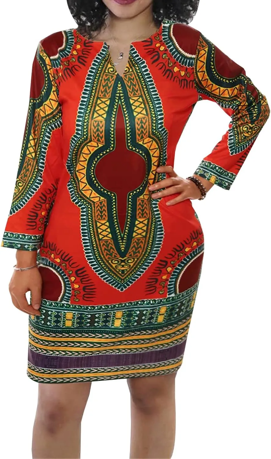 Women's Bodycon Dashiki African Midi Dresses Bohemian Vintage Club Dress with Pocket