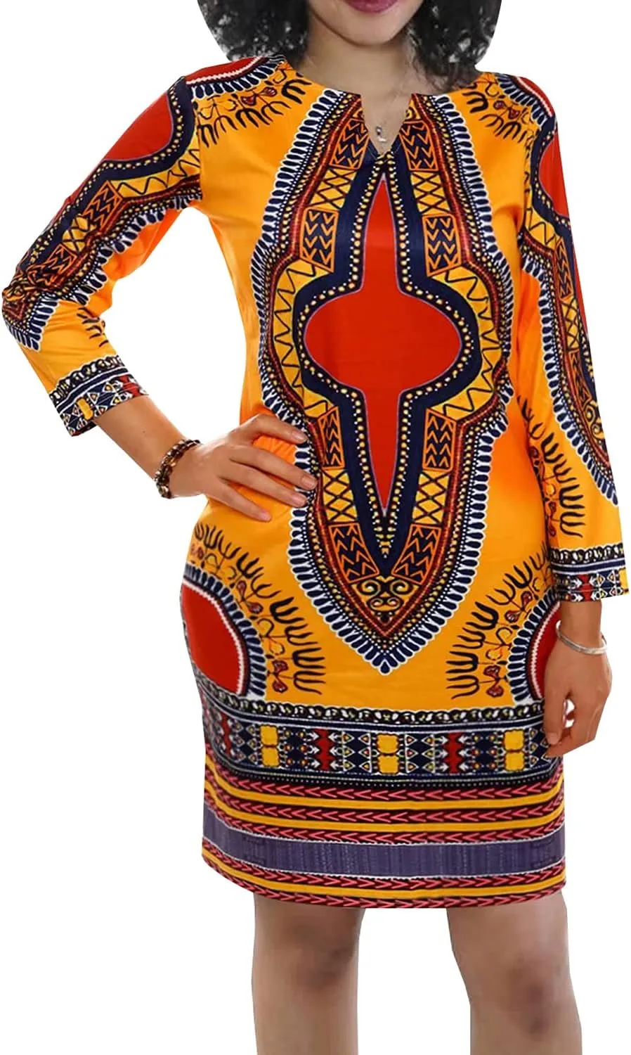 Women's Bodycon Dashiki African Midi Dresses Bohemian Vintage Club Dress with Pocket