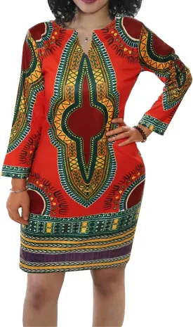 Women's Bodycon Dashiki African Midi Dresses Bohemian Vintage Club Dress with Pocket