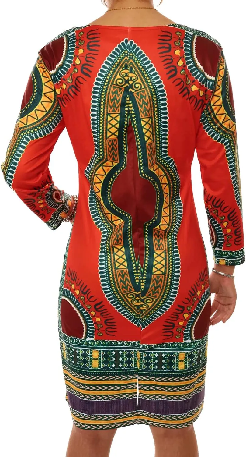 Women's Bodycon Dashiki African Midi Dresses Bohemian Vintage Club Dress with Pocket