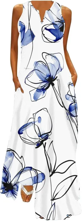 Women's Casual Loose Maxi Sundress Summer Sleeveless V Neck Long Dress Vintage Floral Beach Dress with Pockets