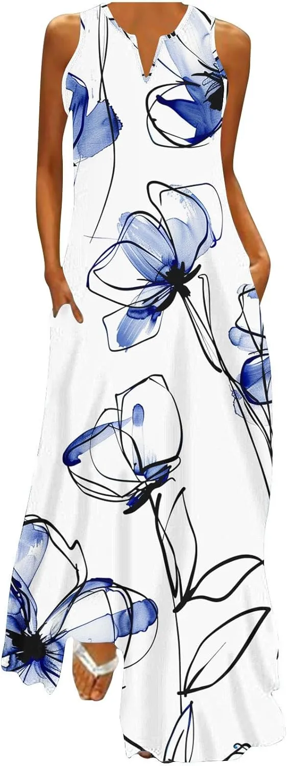 Women's Casual Loose Maxi Sundress Summer Sleeveless V Neck Long Dress Vintage Floral Beach Dress with Pockets