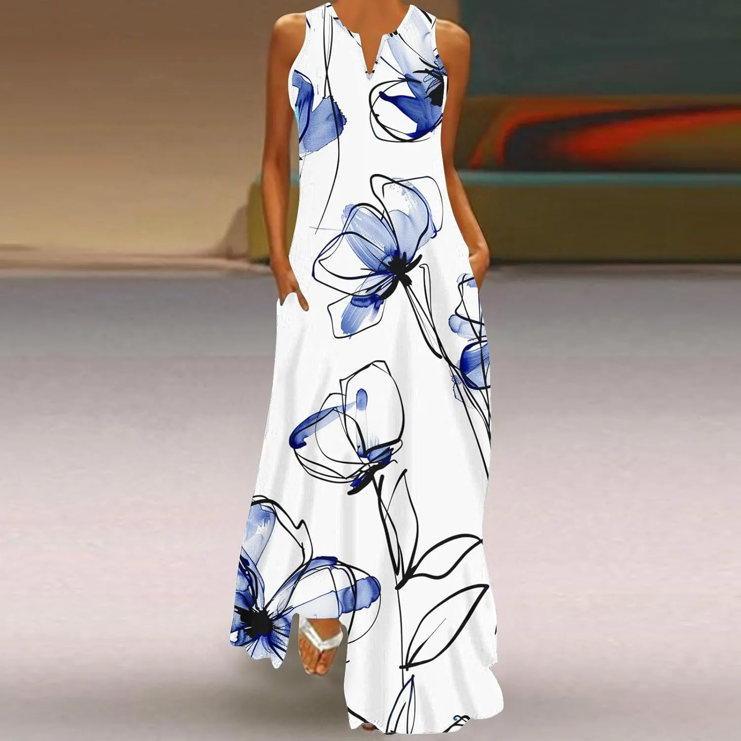 Women's Casual Loose Maxi Sundress Summer Sleeveless V Neck Long Dress Vintage Floral Beach Dress with Pockets