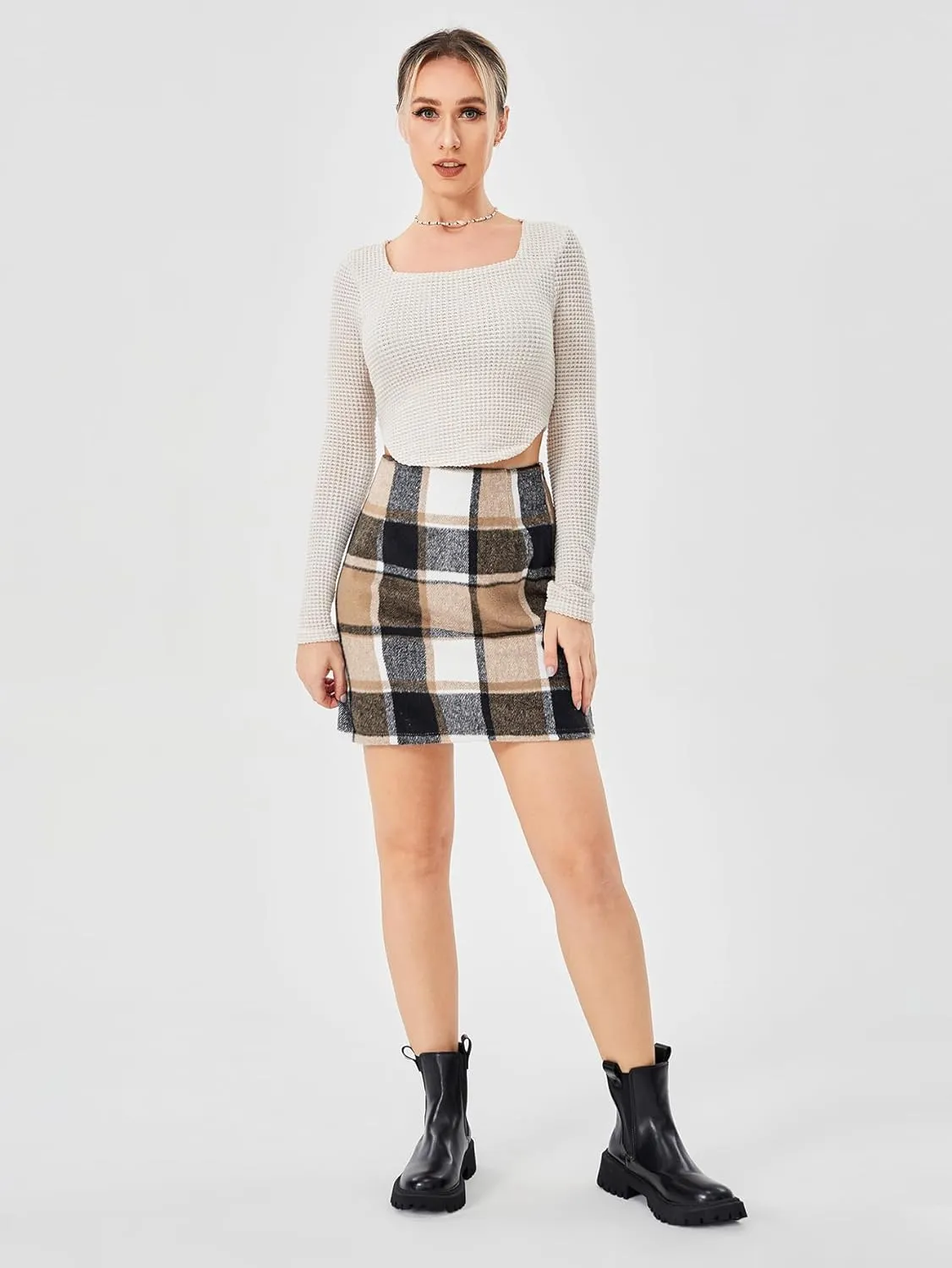 Women's Casual Plaid Skirt Zipper Side High Waisted Bodycon Mini Skirt